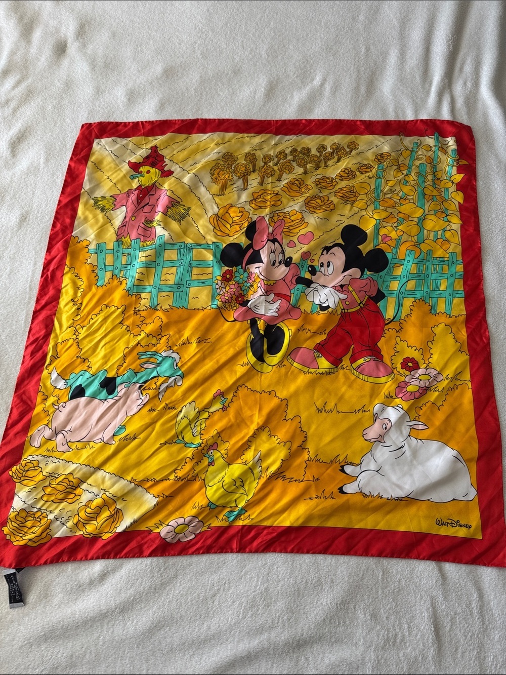 Vintage Handmade Disney Mickey Minnie Silk Scarf Red Yellow Farm Scene Chic